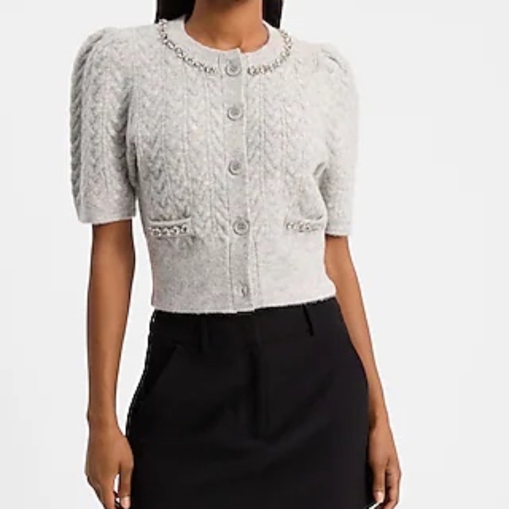 Embellished cable knit short sleeve cardigan silver EXPRESS NWT